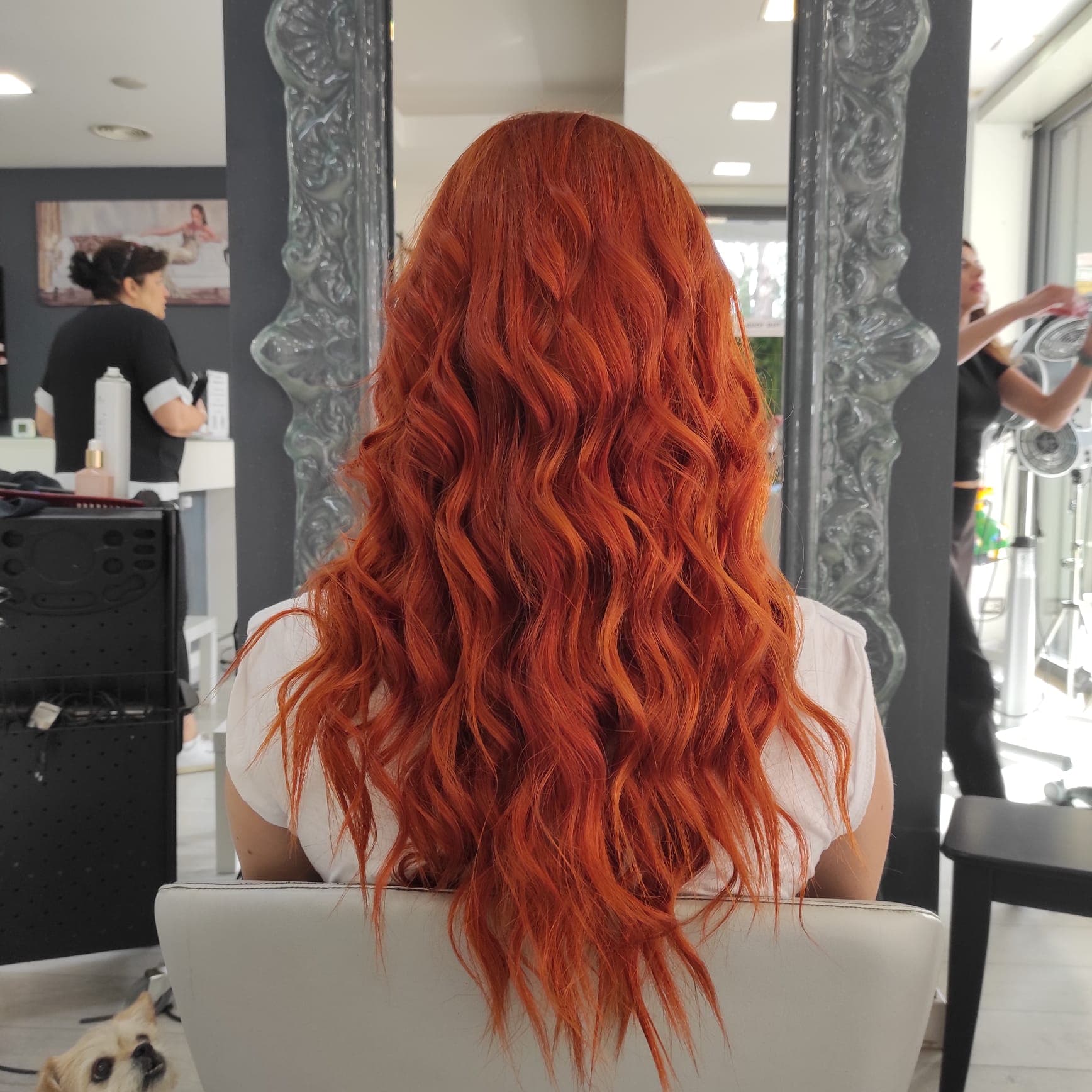 Rosso rame intenso con onde fitte, visto da dietro