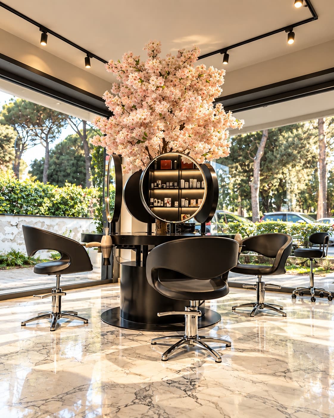 Il salone Hairium a Casal Palocco con il ciliegio in fiore al centro e le vetrate sul giardino